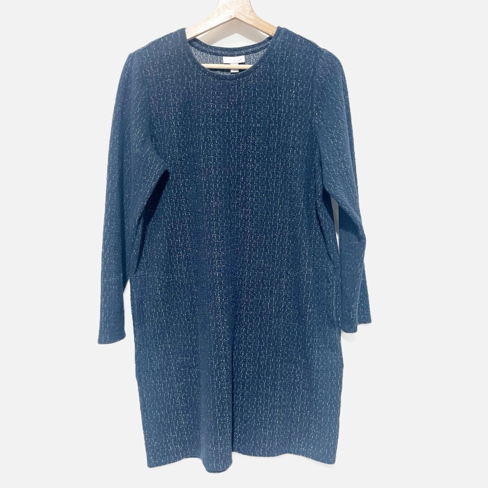 Pure Jill Shirt Dress Marled Navy Cotton Blend Shift Midi Casual Size Medium